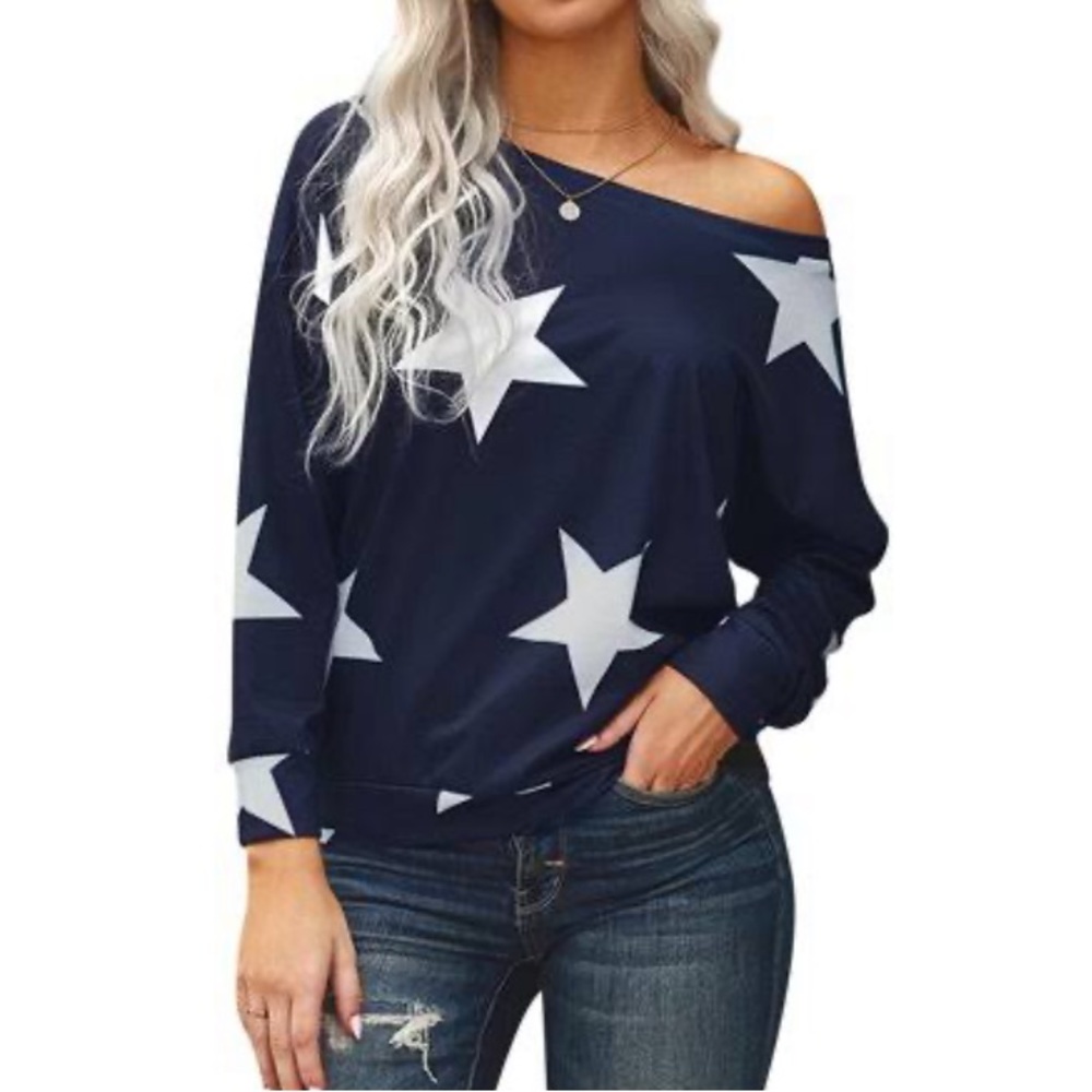 NWT Women’s White Stars Print Long Sleeves Off-the-Shoulder Navy Blue Top
